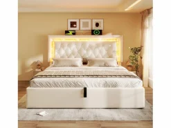 Online Cama con almacenamiento acolchada 180x200cm en terciopelo - con iluminación LED - con puertos USB y Tipo-C - con somier de láminas - (sin colchón) Cama Terciopelo