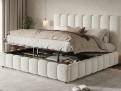 New ModernLuxe Cama con almacenamiento tapizada 180x200cm - con somier de láminas - Tela rizada - ​ (sin colchón) Blanco