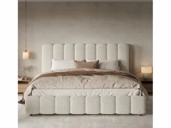 New ModernLuxe Cama con almacenamiento tapizada 180x200cm - con somier de láminas - Tela rizada - ​ (sin colchón) Blanco