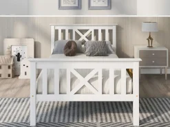 Merax Cama con cabecero - 90 x 200 cm - pino - somier - Blanco