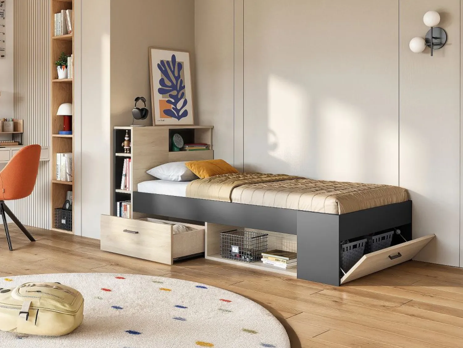 Sale Cama con cabecero con compartimentos 90 x 190 antracita y natural con somier - LEANDRE Cama Infantil