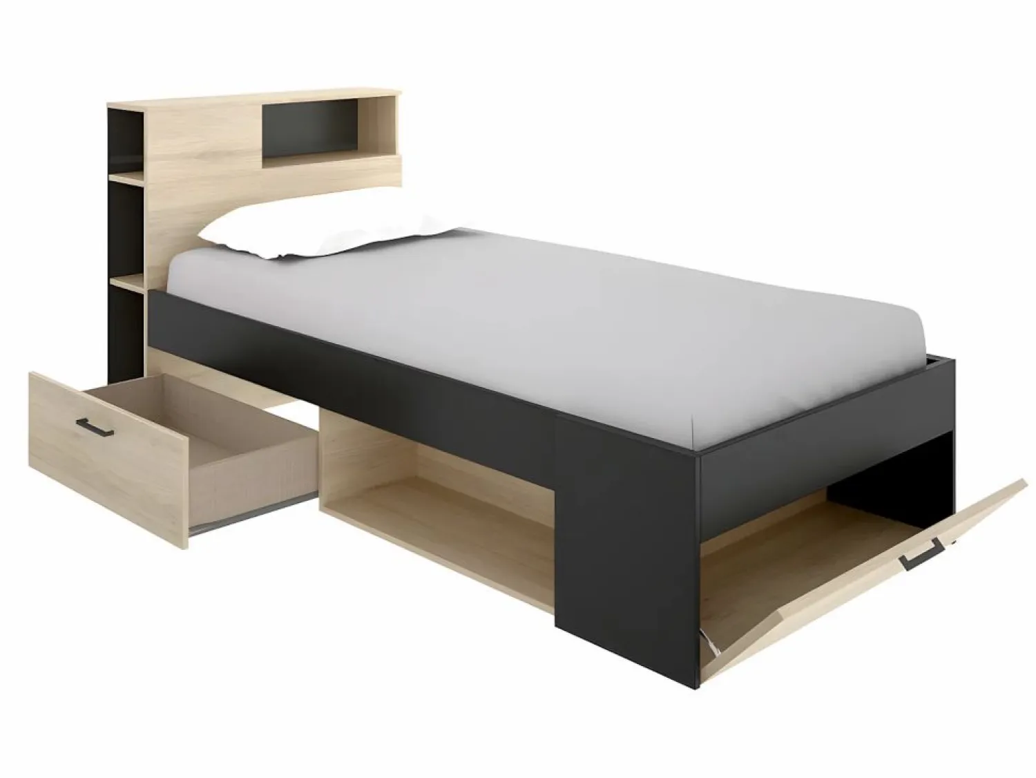 Sale Cama con cabecero con compartimentos 90 x 190 antracita y natural con somier - LEANDRE Cama Infantil