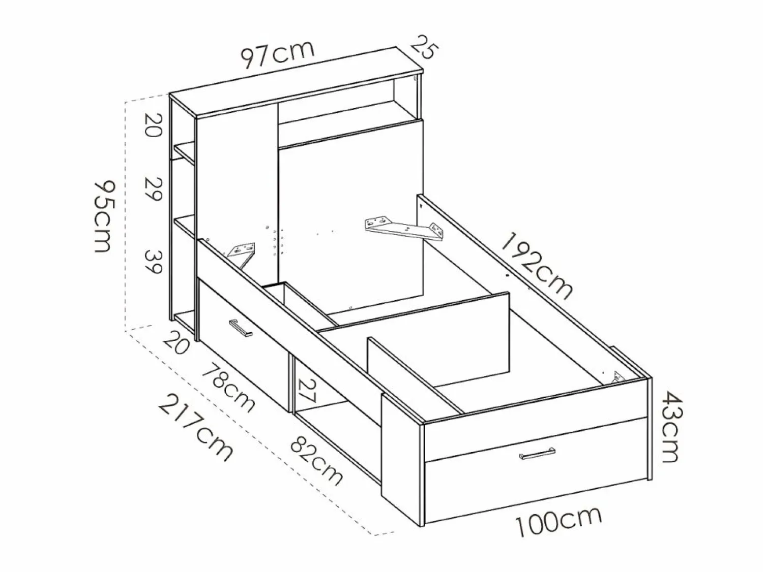 Sale Cama con cabecero con compartimentos 90 x 190 antracita y natural con somier - LEANDRE Cama Infantil