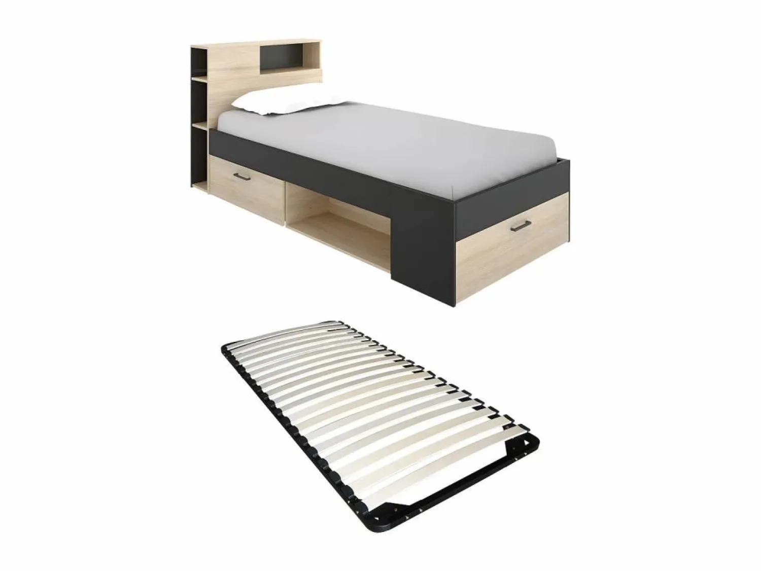Sale Cama con cabecero con compartimentos 90 x 190 antracita y natural con somier - LEANDRE Cama Infantil