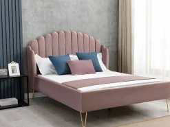 Vente-unique Cama con cabecero ondulado 140 x 190 cm Terciopelo rosa charme vintage + colchón SAGALI