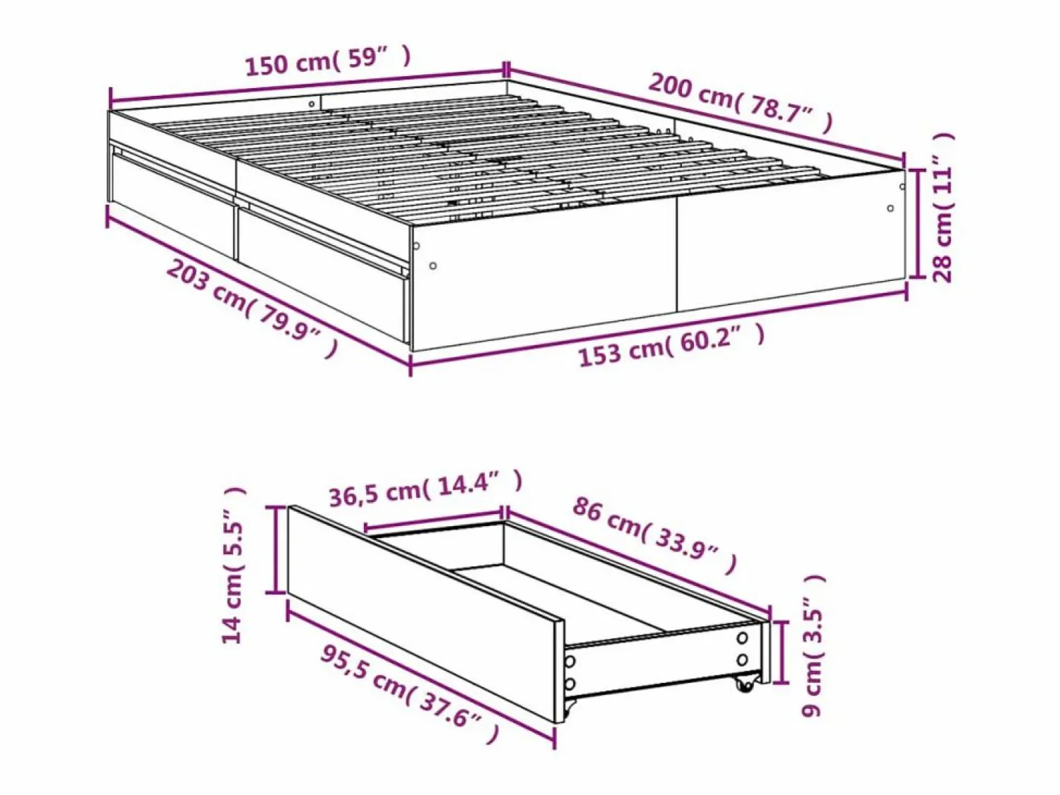 Clearance vidaxl Cama con cajones madera ingeniería roble Sonoma 150x200 cm Color natural claro