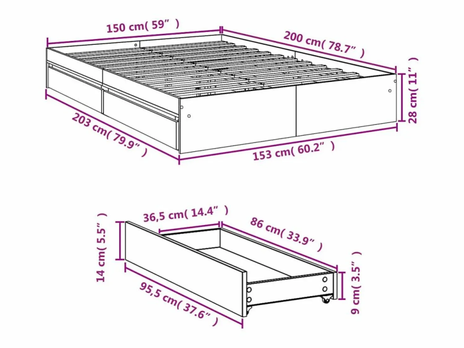 Clearance vidaxl Cama con cajones madera ingeniería roble Sonoma 150x200 cm Color natural claro