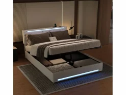 Sale Cama con canapé con LED RGB y puertos USB-C/USB – 160x200 cm – Tejido – Cabecero ajustable – Gran capacidad de almacenaje Cama Con Canapé|Cama Con Almacenaje