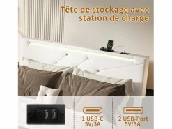 Sale Cama con canapé con LED RGB y puertos USB-C/USB – 160x200 cm – Tejido – Cabecero ajustable – Gran capacidad de almacenaje Cama Con Canapé|Cama Con Almacenaje