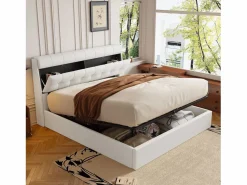 Best Cama con canapé de 140 x 190 cm con cabecero de almacenaje - LED - Piel sintética - (sin colchón) Cama Con Canapé