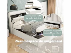 Best Cama con canapé de 140 x 190 cm con cabecero de almacenaje - LED - Piel sintética - (sin colchón) Cama Con Canapé