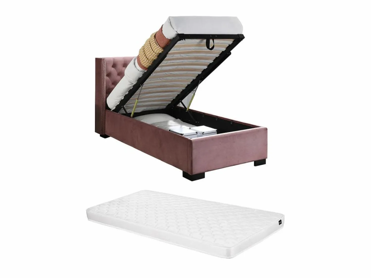 Best Cama con canapé de 90 x 200 cm con cabecero tapizado en terciopelo y colchón - MASSIMO Cama Terciopelo|Cama Con Canapé