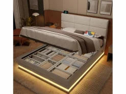 Merax Cama con canapé tapizado - 140 x 200 cm - cabecero ajustable - con USB + LED - canapé hidráulico - terciopelo -