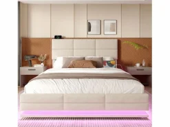 Merax Cama con canapé tapizado - 140 x 200 cm - cabecero ajustable - con USB + LED - canapé hidráulico - terciopelo -