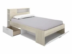 Cama con canapé 120x190 cm en color natural y blanco + somier + colchón - LEANDRE Cama Con Almacenaje|Cama Infantil
