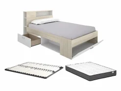 Cama con canapé 120x190 cm en color natural y blanco + somier + colchón - LEANDRE Cama Con Almacenaje|Cama Infantil
