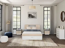 Outlet Cama con compartimentos 140 x 190 cm color natural y blanco + somier - LEANDRE Cama Con Almacenaje|Cama Adulto