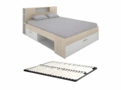 Outlet Cama con compartimentos 140 x 190 cm color natural y blanco + somier - LEANDRE Cama Con Almacenaje|Cama Adulto
