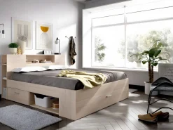 Vente-unique Cama con compartimentos 140 x 190 cm color natural + somier + colchón - LEANDRE