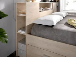 Vente-unique Cama con compartimentos 140 x 190 cm color natural + somier + colchón - LEANDRE