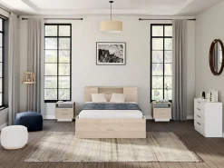 Vente-unique Cama con compartimentos 140 x 190 cm color natural + somier + colchón - LEANDRE