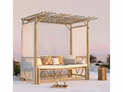 Sale Cama con dosel de exterior en rama de teca y lona - Tika Tumbona