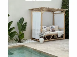 Sale Cama con dosel de exterior en rama de teca y lona - Tika Tumbona