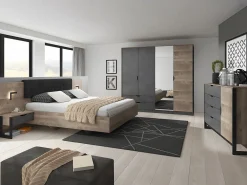 Best Vente-unique Cama con mesas de noche 160 x 200 cm con LEDs en natural y antracita + somier - LAONILE Gris antracita / Color natural oscuro