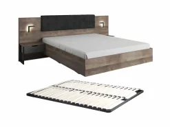 Best Vente-unique Cama con mesas de noche 160 x 200 cm con LEDs en natural y antracita + somier - LAONILE Gris antracita / Color natural oscuro