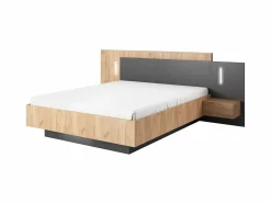 Clearance Cama con mesitas de noche 2 cajones 160 x 200 cm LEDs natural y antracita + somier - FRANCOLI Cama Con Almacenaje|Cama Adulto