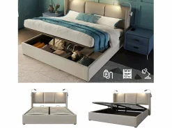 Hot Merax Cama contenedor 140 x 200 cm con cabecero - tela de lino - USB + lámpara de lectura - Beige