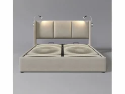 Hot Merax Cama contenedor 140 x 200 cm con cabecero - tela de lino - USB + lámpara de lectura - Beige