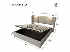Hot Merax Cama contenedor 140 x 200 cm con cabecero - tela de lino - USB + lámpara de lectura - Beige