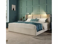 Hot Merax Cama contenedor 140 x 200 cm con cabecero - tela de lino - USB + lámpara de lectura - Beige