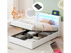 Discount Cama contenedor 90 x 200 cm con cabecero - LED, reproductor Bluetooth y toma USB - Cuero PU - Cama Con Canapé|Cama Con Almacenaje