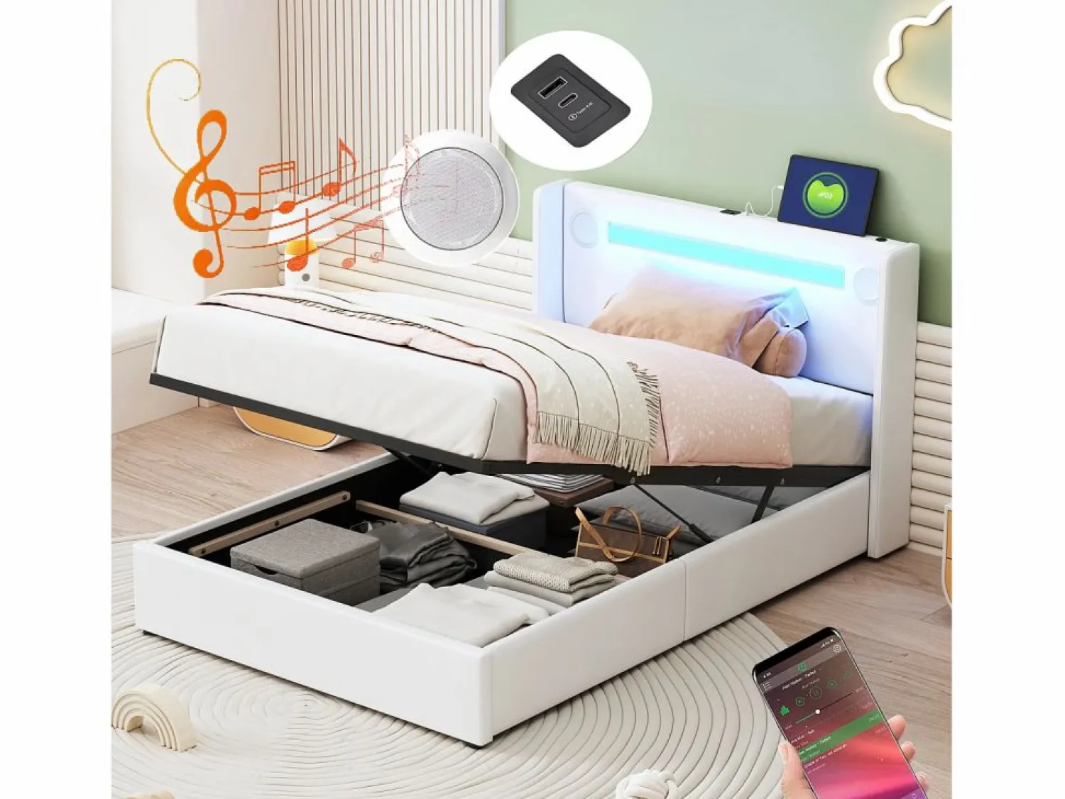 Discount Cama contenedor 90 x 200 cm con cabecero - LED, reproductor Bluetooth y toma USB - Cuero PU - Cama Con Canapé|Cama Con Almacenaje