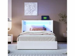 Discount Cama contenedor 90 x 200 cm con cabecero - LED, reproductor Bluetooth y toma USB - Cuero PU - Cama Con Canapé|Cama Con Almacenaje