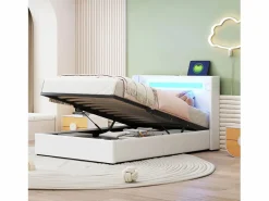 Discount Cama contenedor 90 x 200 cm con cabecero - LED, reproductor Bluetooth y toma USB - Cuero PU - Cama Con Canapé|Cama Con Almacenaje