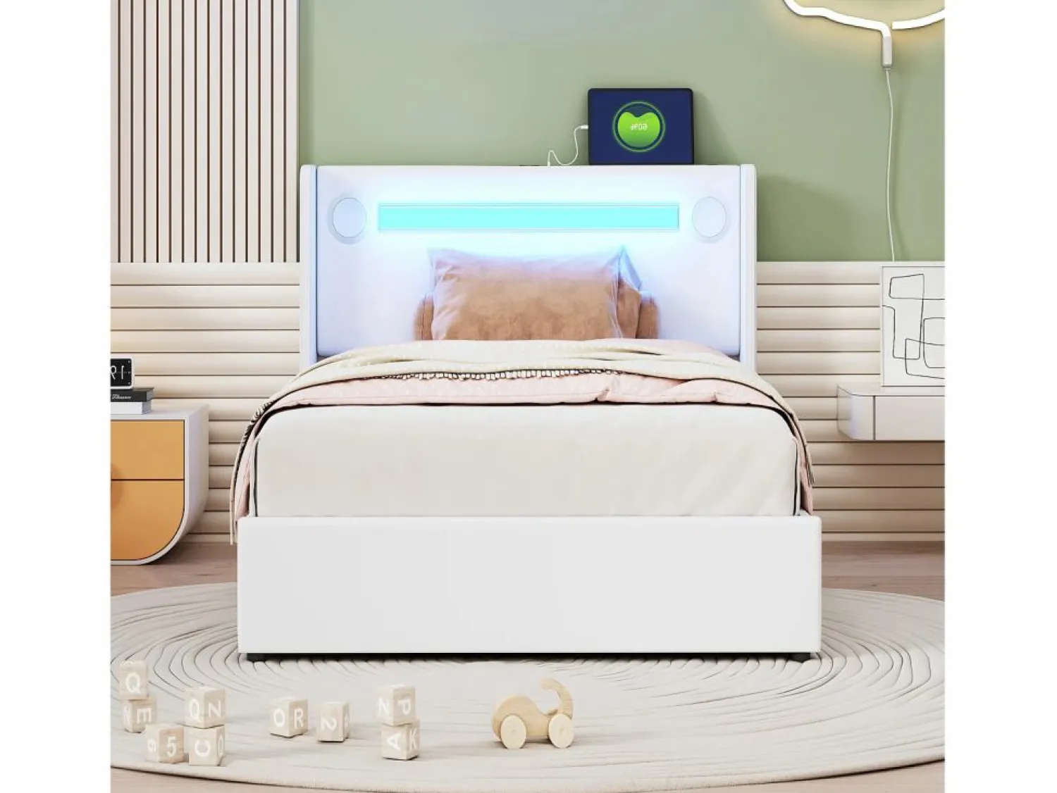Discount Cama contenedor 90 x 200 cm con cabecero - LED, reproductor Bluetooth y toma USB - Cuero PU - Cama Con Canapé|Cama Con Almacenaje