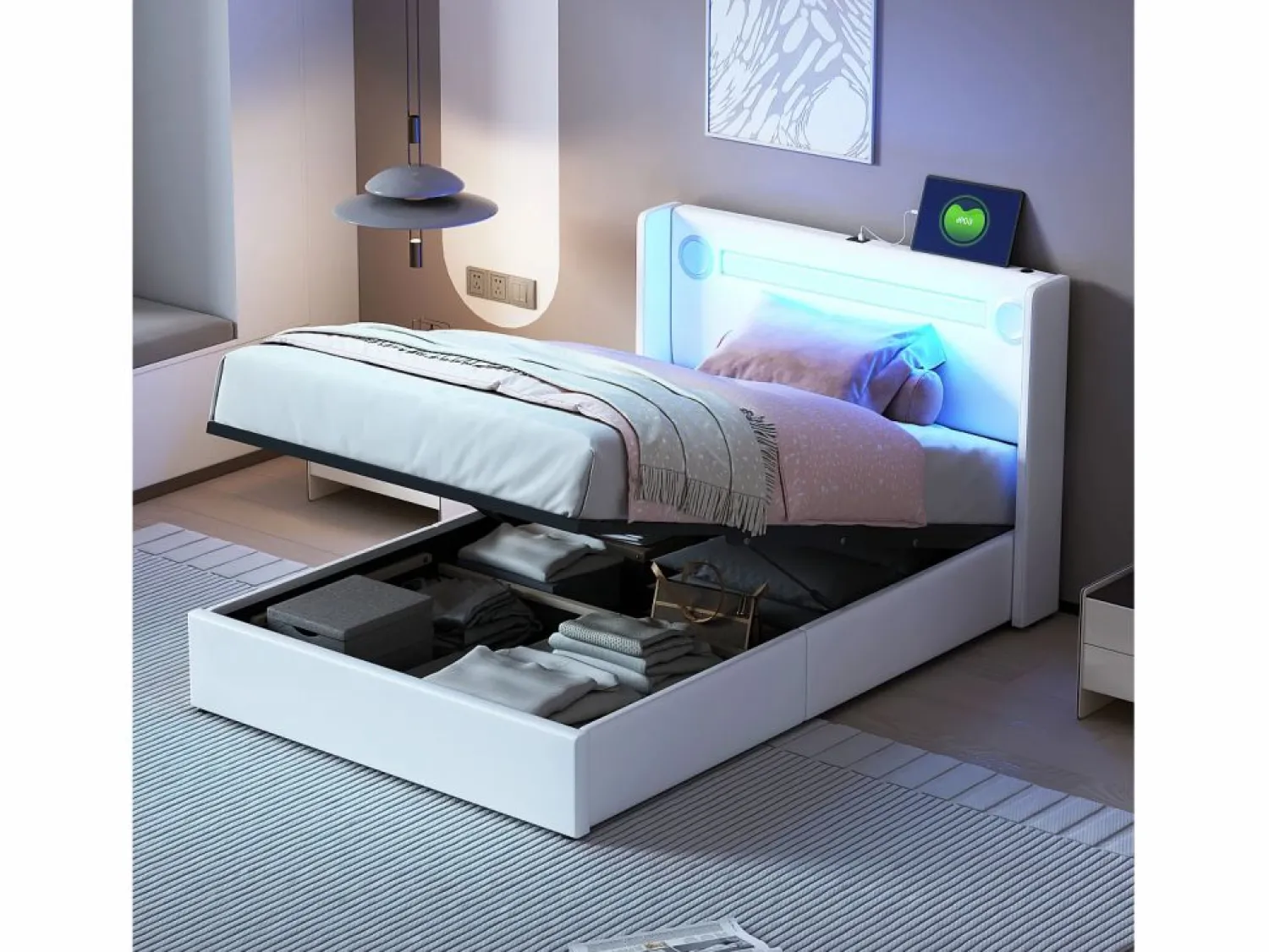 Discount Cama contenedor 90 x 200 cm con cabecero - LED, reproductor Bluetooth y toma USB - Cuero PU - Cama Con Canapé|Cama Con Almacenaje