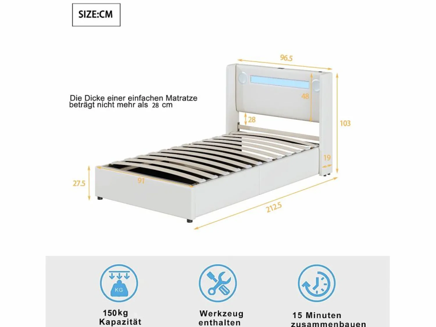 Discount Cama contenedor 90 x 200 cm con cabecero - LED, reproductor Bluetooth y toma USB - Cuero PU - Cama Con Canapé|Cama Con Almacenaje