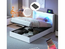 Discount Cama contenedor 90 x 200 cm con cabecero - LED, reproductor Bluetooth y toma USB - Cuero PU - Cama Con Canapé|Cama Con Almacenaje