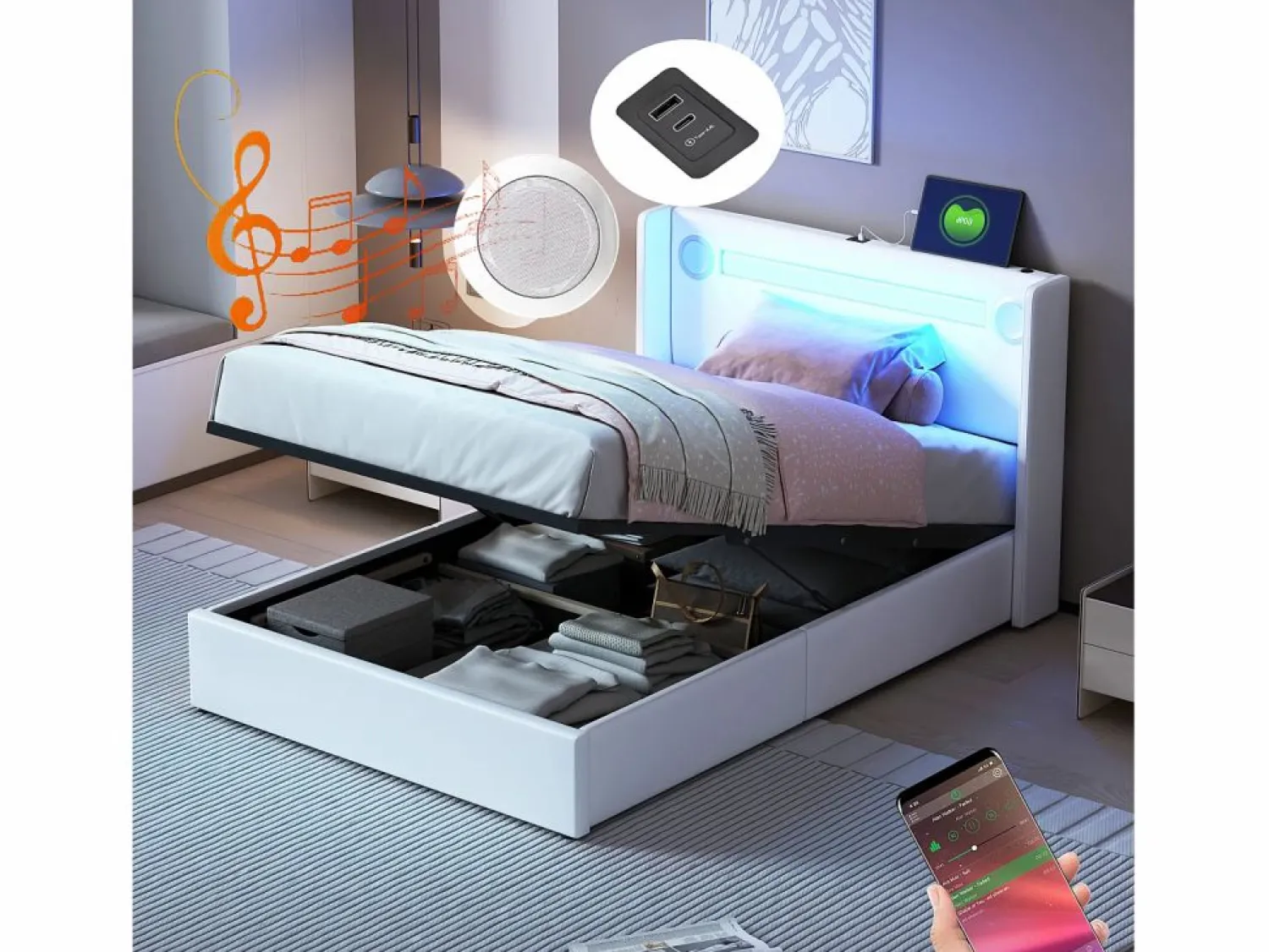 Discount Cama contenedor 90 x 200 cm con cabecero - LED, reproductor Bluetooth y toma USB - Cuero PU - Cama Con Canapé|Cama Con Almacenaje