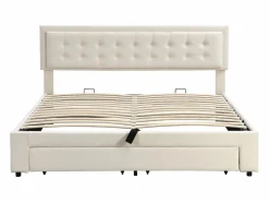 ModernLuxe Cama contenedor acolchada 160x200cm en terciopelo - con cajón y somier - Beige (sin colchón)