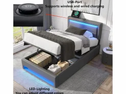 ModernLuxe Cama contenedor de piel sintética de 90x200 cm con LED - con puertos de carga (por cable e inalámbrico) -