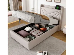 ModernLuxe Cama contenedor de tela de lino 90x200 cm - con puerto USB y somier -