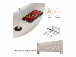 ModernLuxe Cama contenedor de tela de lino 90x200 cm - con puerto USB y somier -