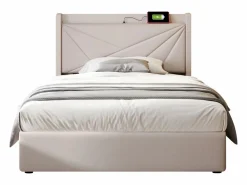ModernLuxe Cama contenedor de tela de lino 90x200 cm - con puerto USB y somier -