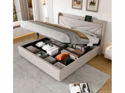Hot ModernLuxe Cama contenedor de tela de lino 160x200 cm - con puerto USB y somier - Beige