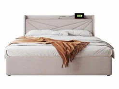 Hot ModernLuxe Cama contenedor de tela de lino 160x200 cm - con puerto USB y somier - Beige
